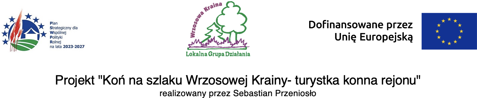 Dofinansowane przez Unię Europejską. Plan Strategiczny dla Wspólnej Polityki Rolnej na lata 2023–2027. Projekt „Koń na szlaku Wrzosowej Krainy – turystyka konna rejonu” realizowany przez Sebastiana Przeniosło. Lokalna Grupa Działania Wrzosowa Kraina.